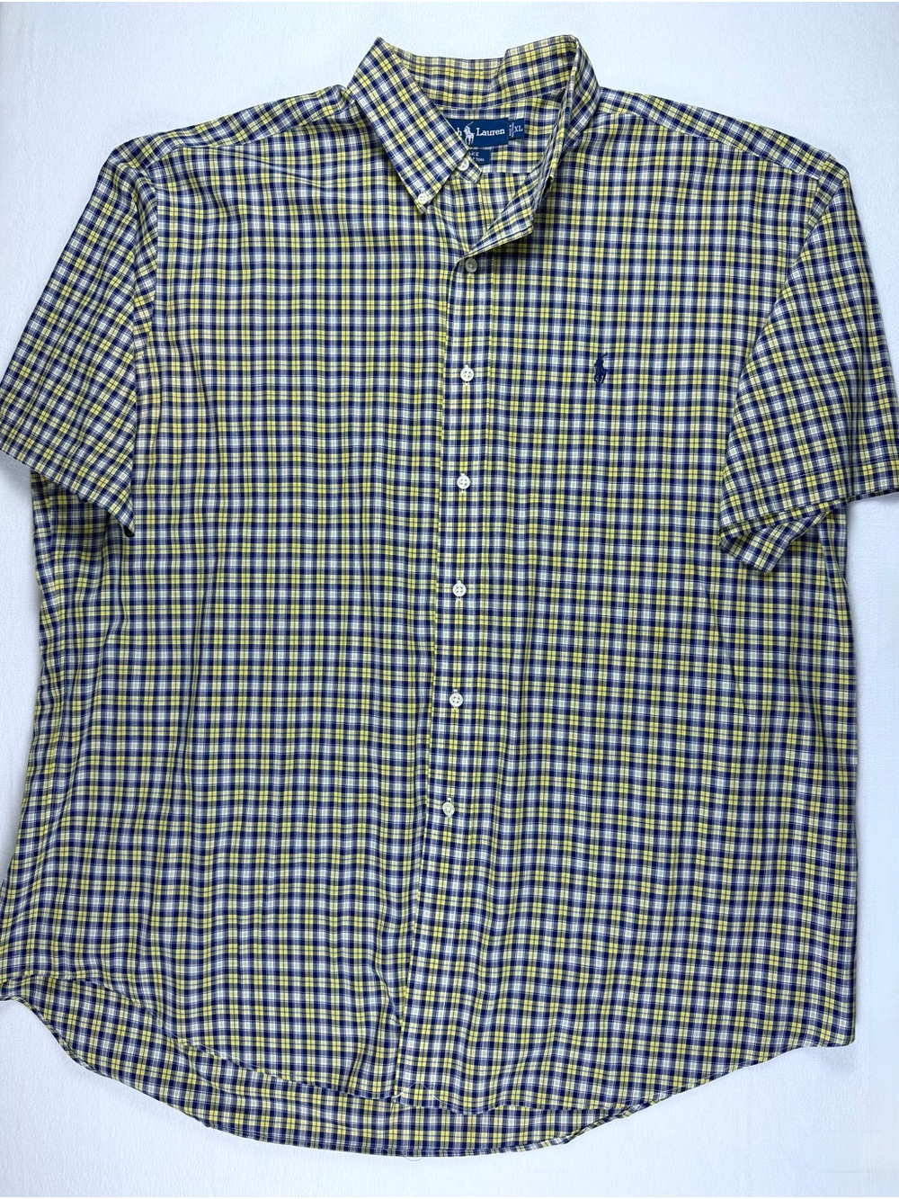 Ralph Lauren Blake Mens Short Sleeve Button Down Shirt XL Yellow Blue Plaid - Picture 2 of 6